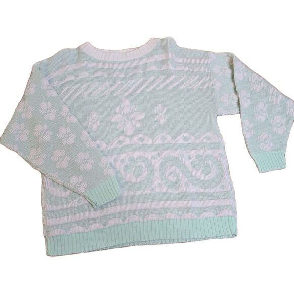 Vintage Beaucoup USA Made Mint Green White Metallic Floral Knit Pullover Sweater - Picture 1 of 12